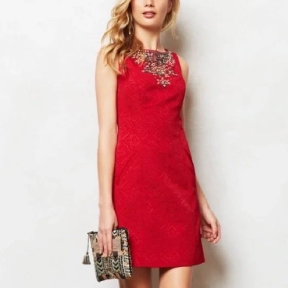 Anthropologie Moulinette Souers Toulouse Red Embellished Shift Dress Sz 4
